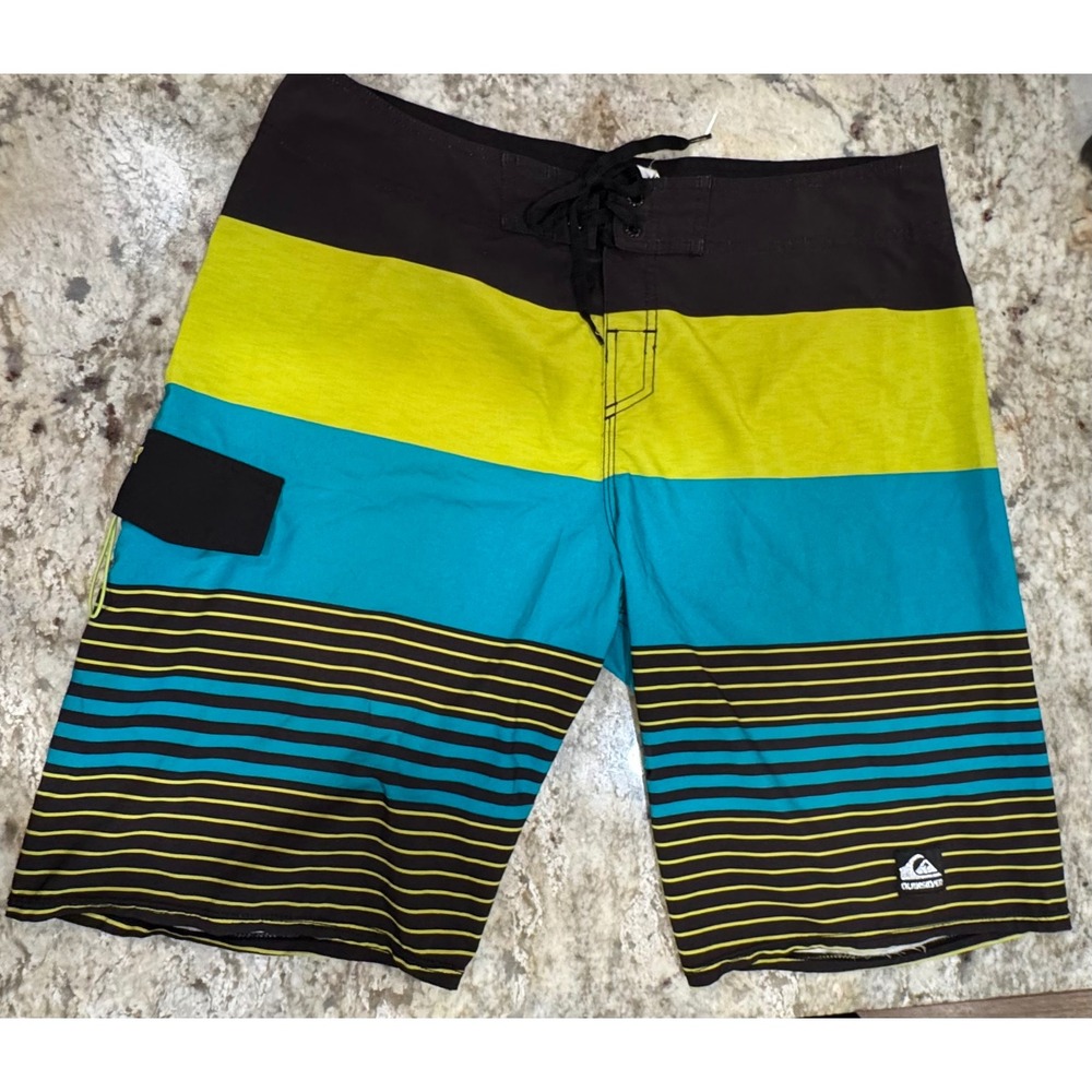 Quiksilver Mens Board Shorts Size 36 Striped Neon Yellow Blue Black AQYBS00388